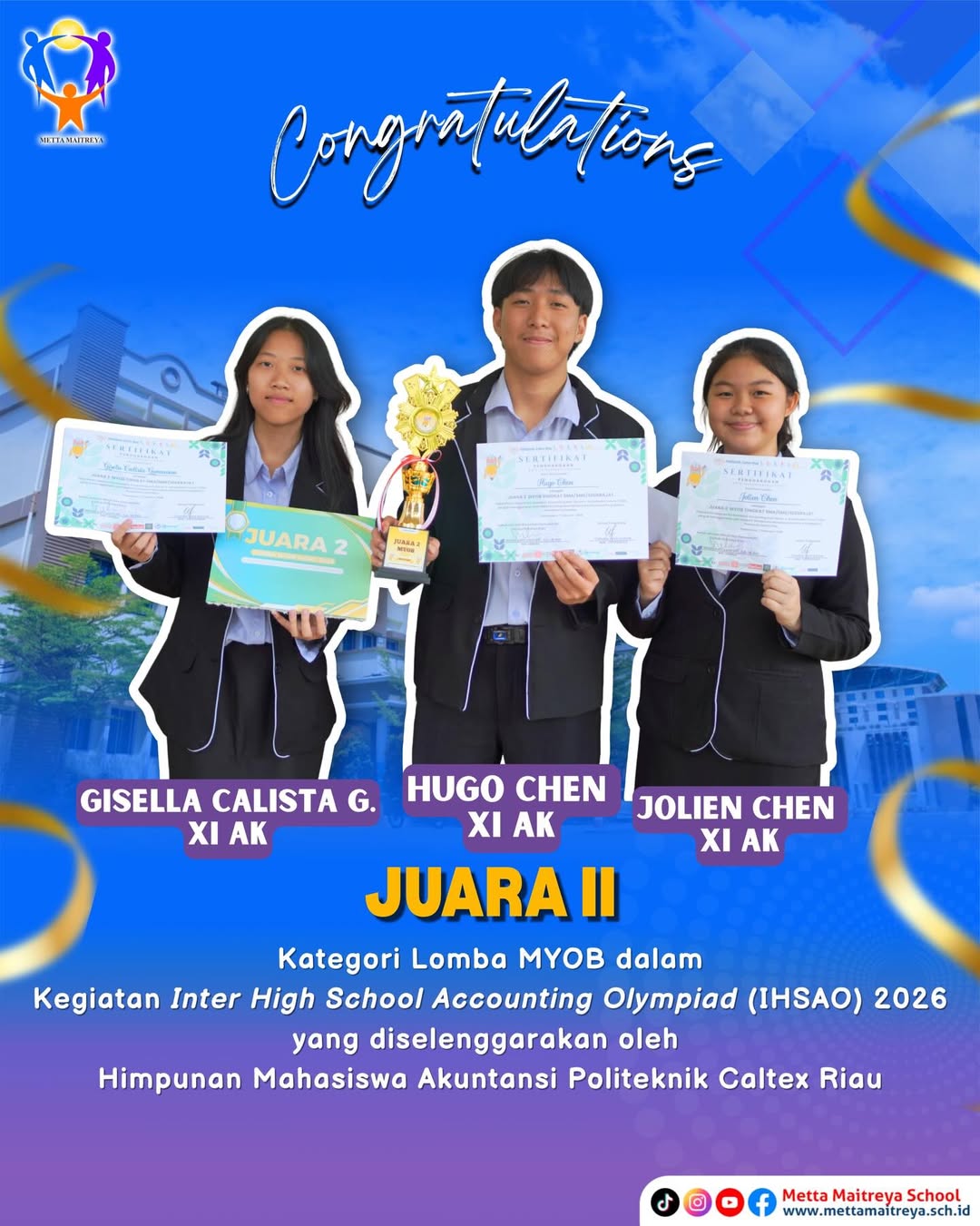 Prestasi dan Penyerahan Hadiah oleh Kepala Sekolah kepada Peserta Didik SMK Metta Maitreya yang telah meraih Juara II Kategori Lomba MYOB dalam Kegiatan IHSAO 2026